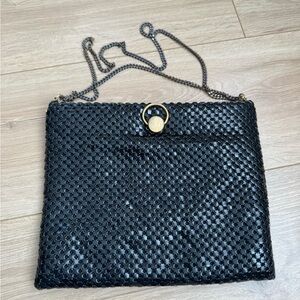Vintage Purse Clutch Black Metal Mesh Double Chain Strap Hinged Opening
